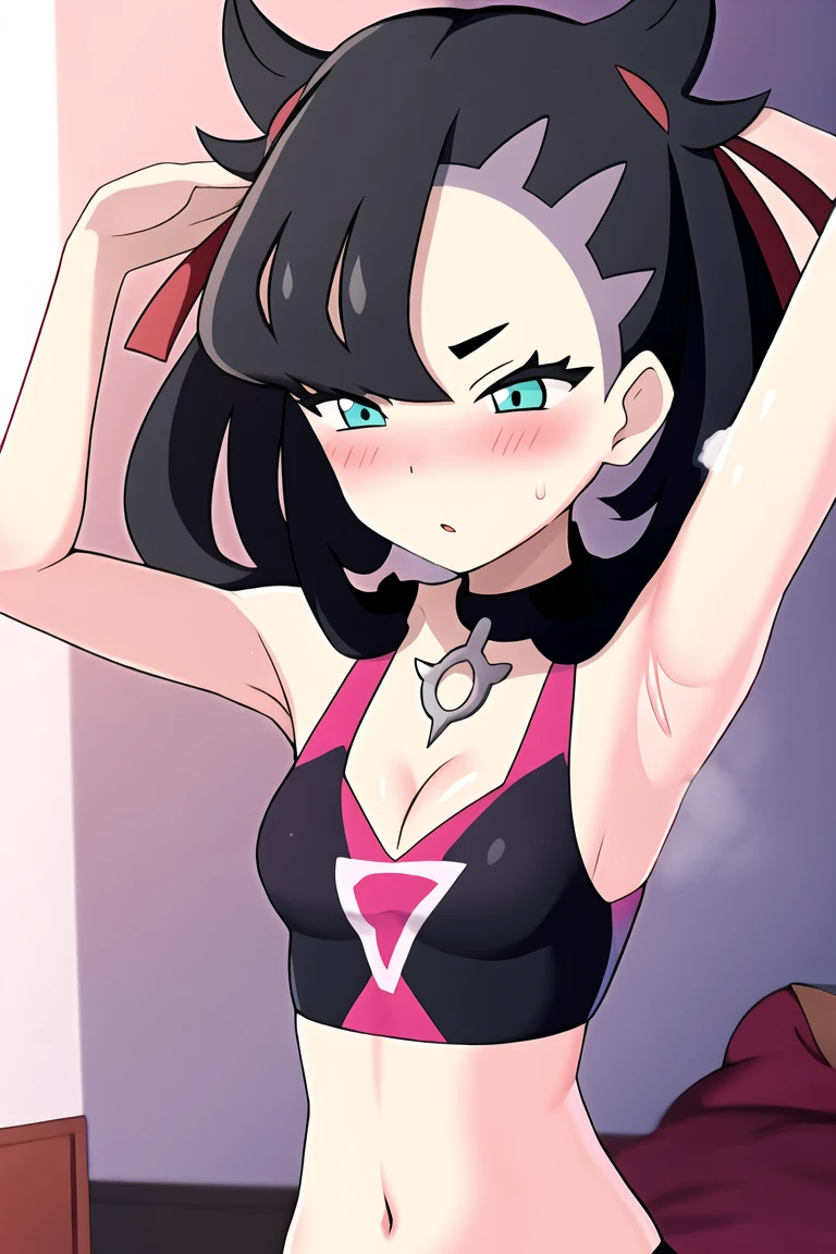 pokemonmarnie, aqua eyes, , black hair, hair ribbon, long hair, red ribbon, ribbon, twintails, room, breasts, cleavage, blush, highres, navel, armpits, sweaty armpits,