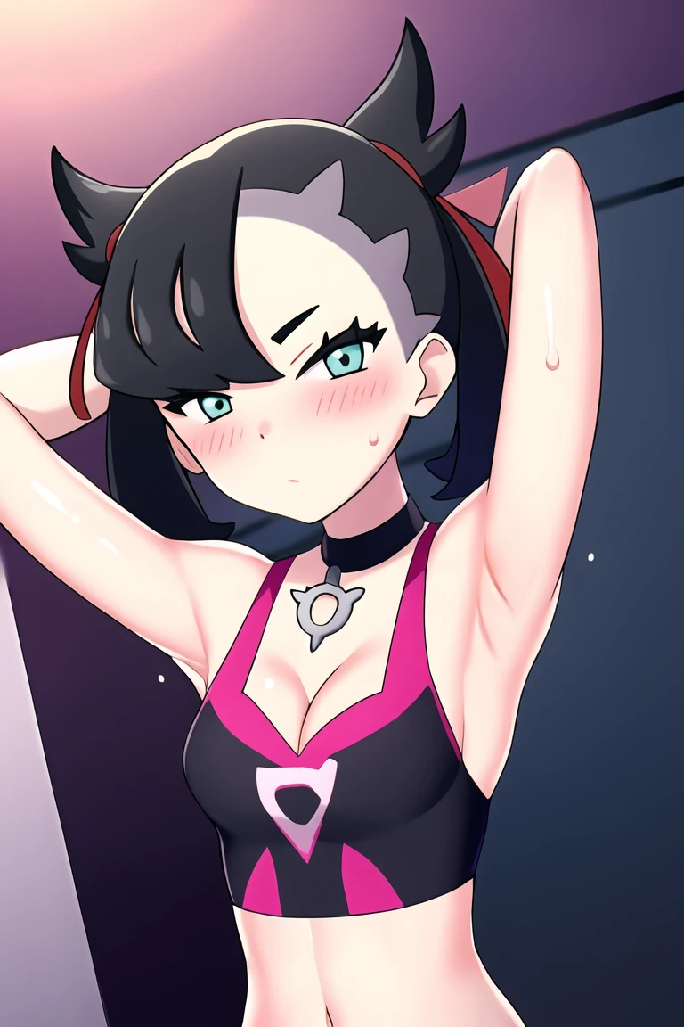 pokemonmarnie, aqua eyes, , black hair, hair ribbon, long hair, red ribbon, ribbon, twintails, room, breasts, blush, highres, navel, looking at viewer, angry,, bouncing breasts, nipples,, nude, pussy, armpits, sweaty armpits,
