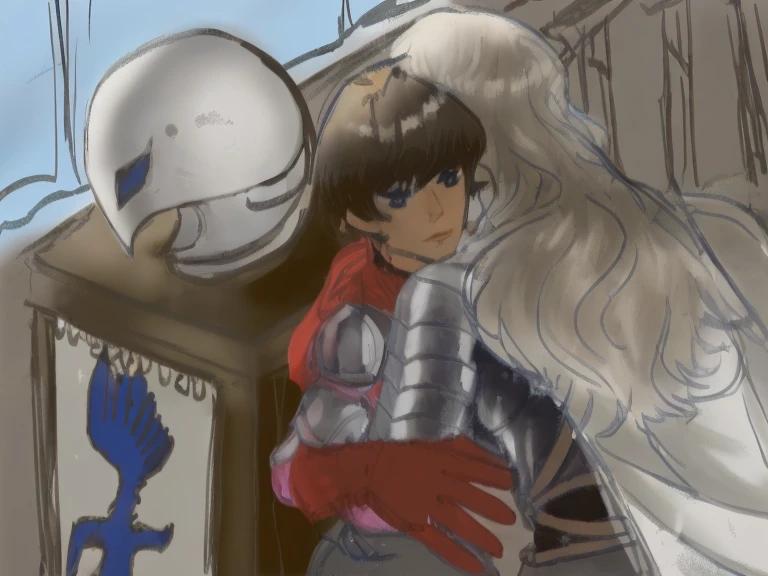 Against a backdrop of blue skies and a medieval landscape, an albino male figure with long wavy white hair and silver armor stands beside a brunette woman with short dark brown hair and piercing black eyes. She wears black armor, red gloves, and a flowing red cape. The man gazes at his reflection on a table, where a duplicate of himself stands, adorned in similar silver armor and holding a flag. A window behind them frames the scene, while a silver metal helmet sits nearby.
