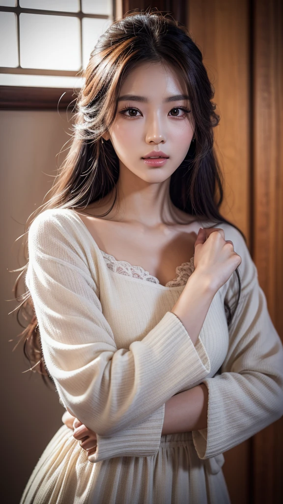 a beautiful korean woman,beautiful detailed eyes,beautiful detailed lips,extremely detailed eyes and face,longeyelashes,elegant korean fashion,award winning,best quality,highres,8k,16k,retina,masterpiece,accurate,anatomically correct,super detail,high details,high quality,photorealistic,cinematic lighting,warm color palette,detailed skin texture,flowing hair,dramatic pose,mysterious expression