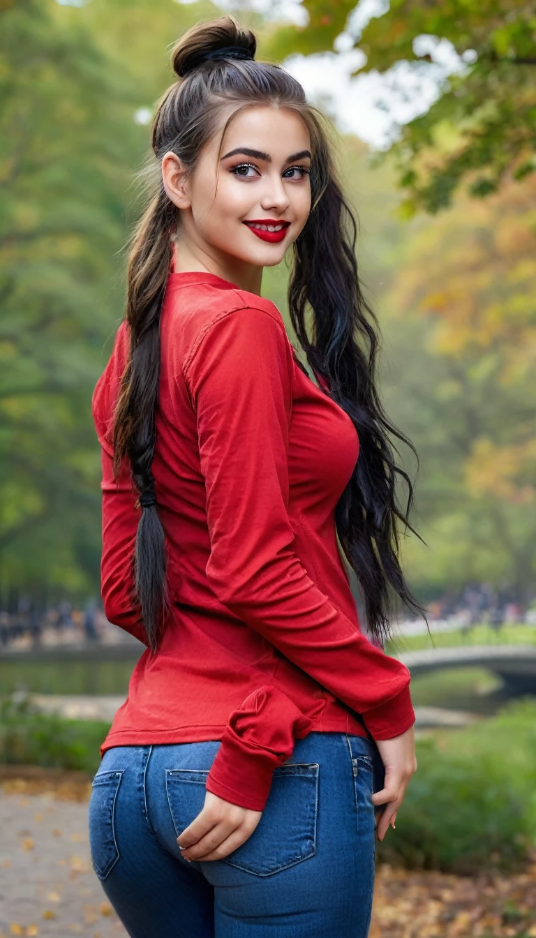 ultrarealistic high quality fullbody photo of a beautiful busty slim european 19-year-old mwoman with cute hyperdetailed shy face and dyed black long messy ponytail hair and happy face, realistic round hazel eyes, red lips, dark eye makeup with eyeliner, wearing red longsleeve shirt and bluejeans, hourglass body, outdoor shooting in central park
