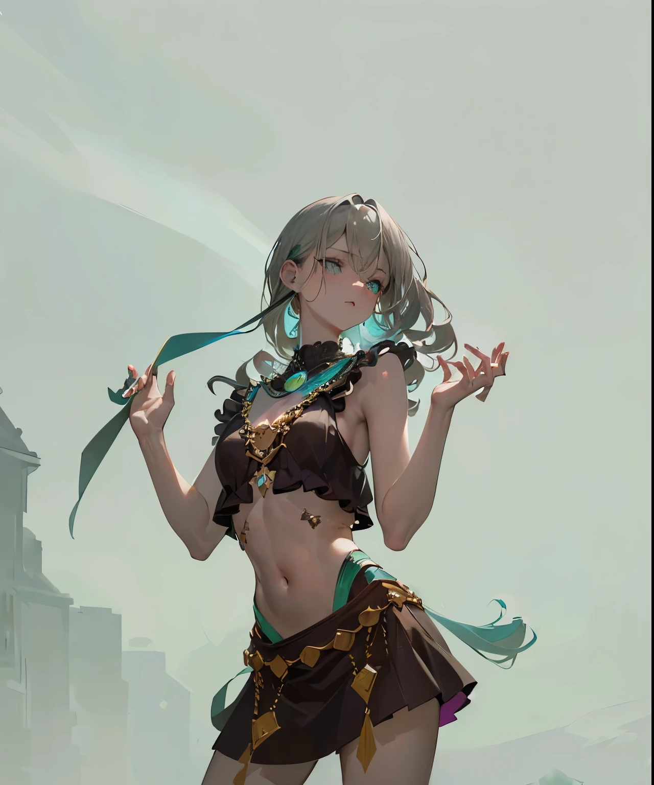 ((dark fantasy)), ((wavy hair, silver hair color, pale skin),(((green aquamarine eyes))), freckles, warm light,( 16 years old),busty,Glamour,Gorgeous,monochromes,erotic posing,Dynamic Posing,Arrange Pose,Dramatic,Cinematic,Detailed background, Dynamic Angle,From the angle of the film,Gothic background, Dark fantastic view,Best Quality,masutepiece,8K,The ultimate detailed dark background, Top image quality、RAW photography、超A high resolution,cropped shoulders, overall look is very erotic、Shot for one person only, model shoot, Large round chest, Beautiful Eyes of Details、Very slender eyes、Beautiful eyelashes、Very slim physique, with blush cheeks,Pearl Beaded Bralet Top, ((pearl top)), opal pearl in hand