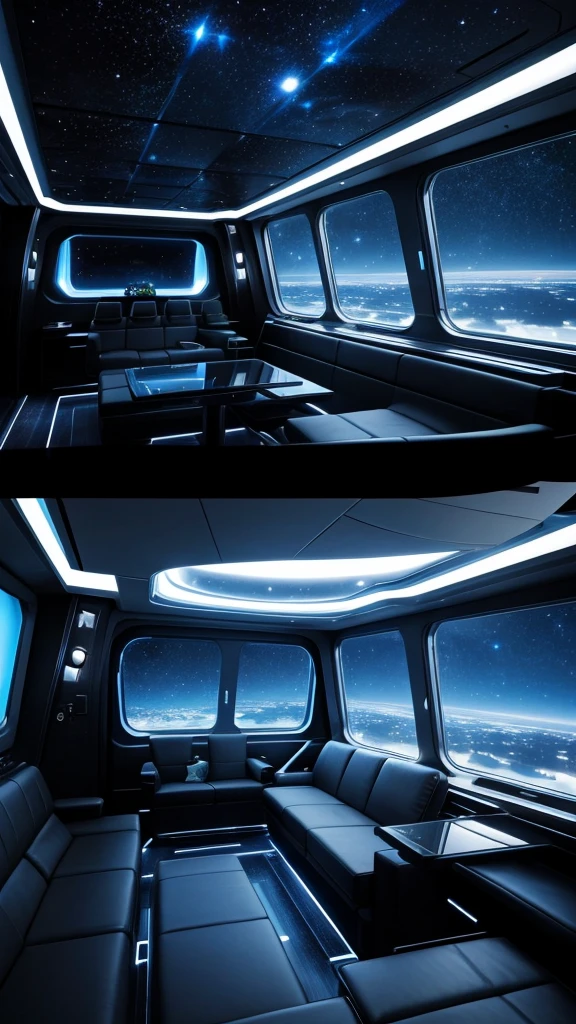 Spaceship interior lounge area, window looking out into black stary space, 