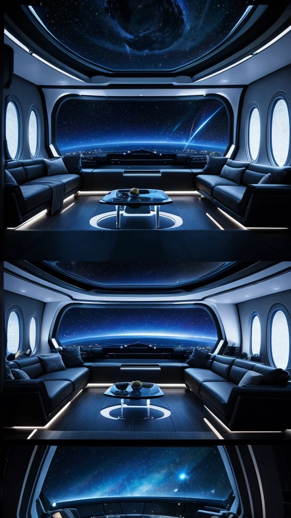 Spaceship interior lounge area, window looking out into black stary space,
