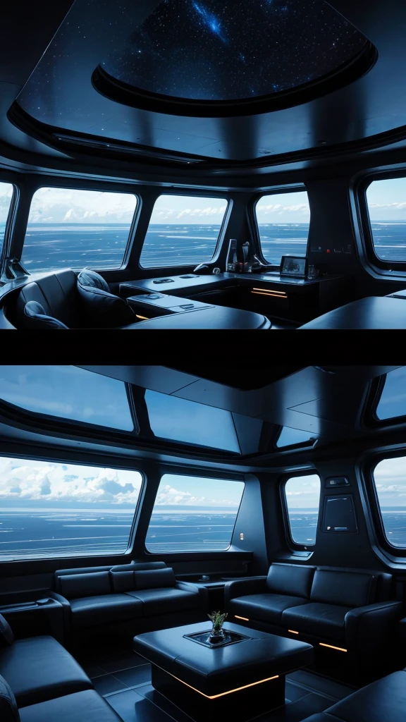 Spaceship interior lounge area, window looking out into black stary space,