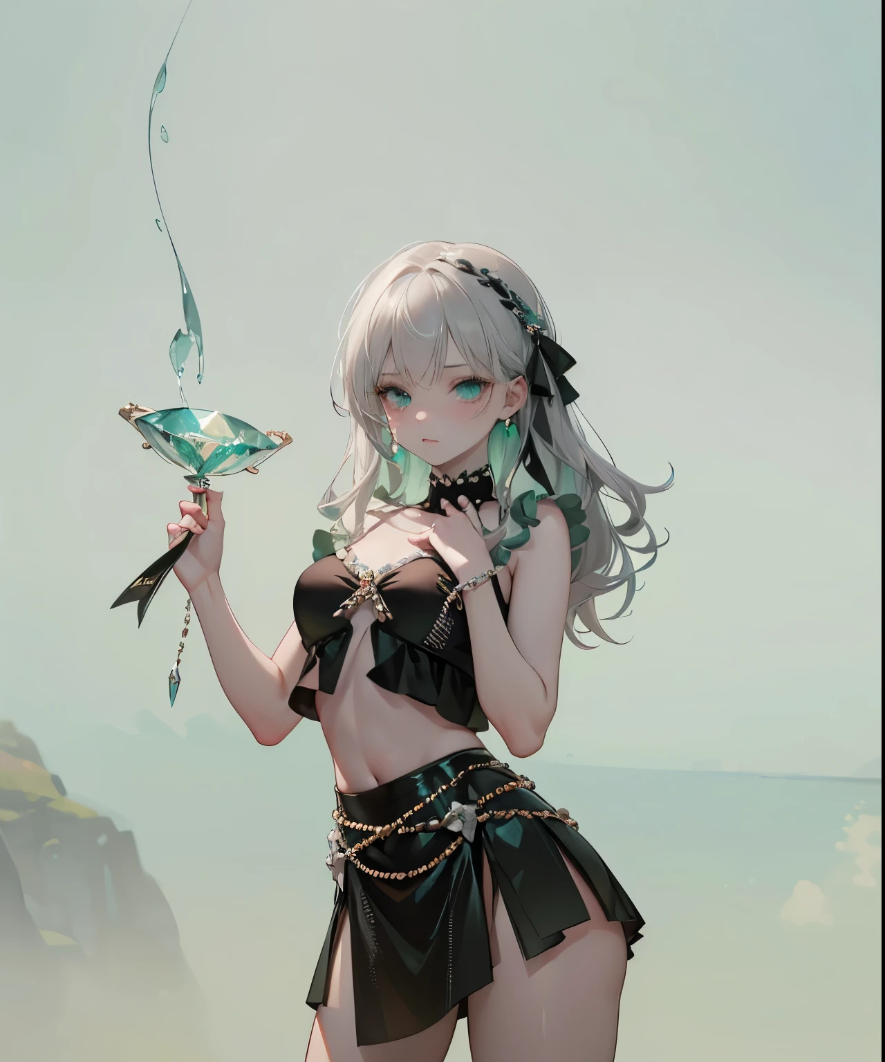 ((dark fantasy)), ((wavy hair, silver hair color, pale skin),(((green aquamarine eyes))), freckles, warm light,( 16 years old),busty,Glamour,Gorgeous,monochromes,?????? posing,Dynamic Posing,Arrange Pose,Dramatic,Cinematic,Detailed background, Dynamic Angle,From the angle of the film,Gothic background, Dark fantastic view,Best Quality,masutepiece,8K,The ultimate detailed dark background, Top image quality、RAW photography、超A high resolution,cropped shoulders, overall look is very ??????、Shot for one person only, model shoot, Large round chest, Beautiful Eyes of Details、Very slender eyes、Beautiful eyelashes、Very slim physique, with blush cheeks,Pearl Beaded Bralet Top, ((pearl top)), opal pearl in hand