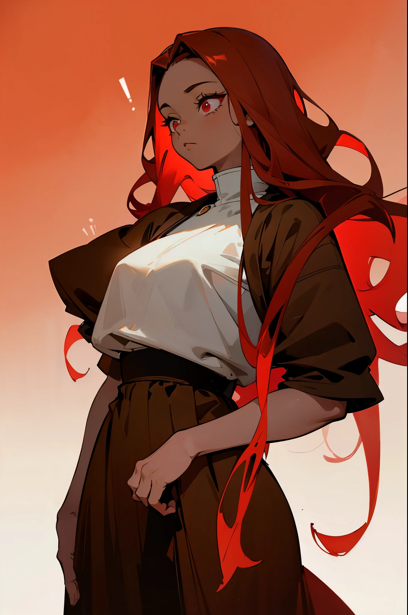 "Captivating red-haired girl with intricate red eyes standing out against a minimalist gradient backdrop. Brown skin."