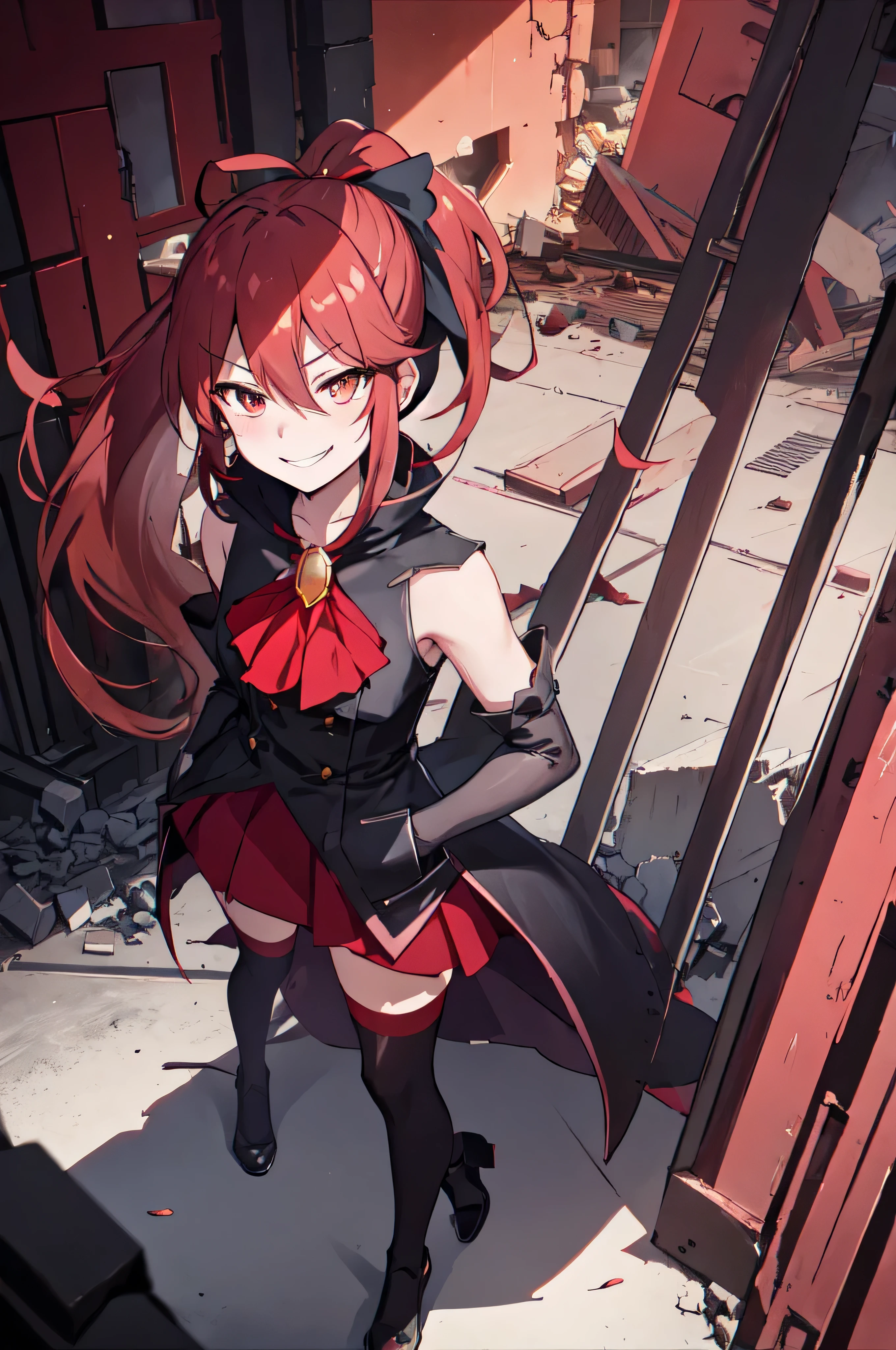 Highest quality, masterpiece, One Girl,Not beautiful, Red Ponytail, Long dress, brooch, Hair Ribbon, - Elbow hand pockets, Black knee socks, Standing on the rubble,Red light street, (Wicked Smile:1.1), ,,Dark shadowed face,Sadistic smile,Malice,Contempt,smile,latex,Bad face,,Red Skirt,Raging Thunder
