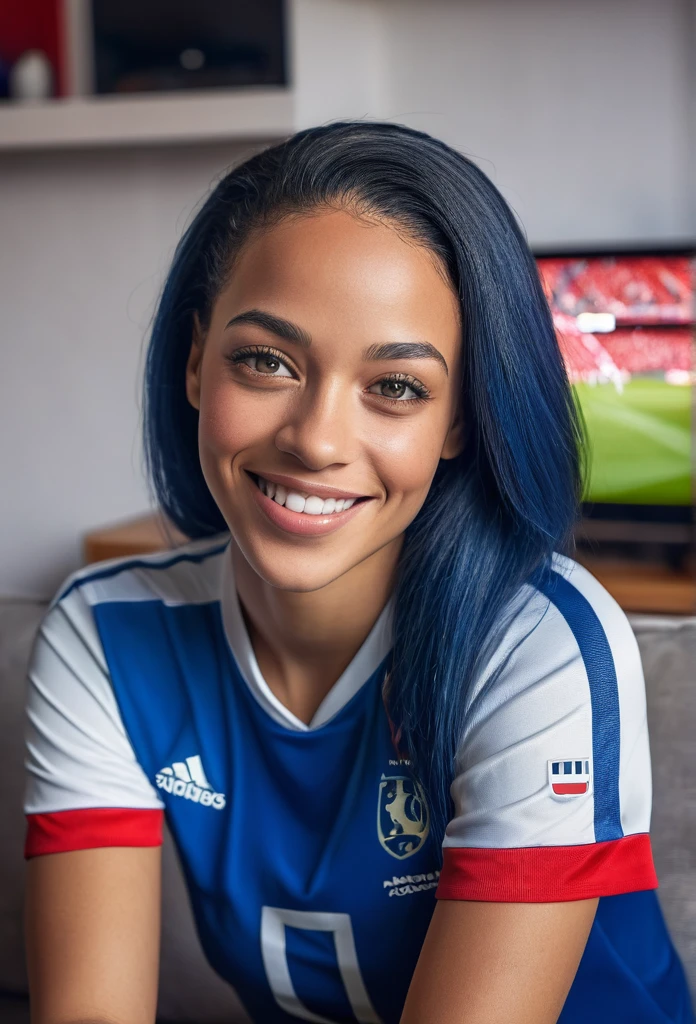a smiling beautiful biracial woman,detailed facial features,beautiful blue eyes,blue straight hair,full lips,long eyelashes,wearing a france national football team jersey,sitting in living room in front of television,high quality,photorealistic,warm lighting,vibrant colors,detailed background,cinematic composition,masterpiece