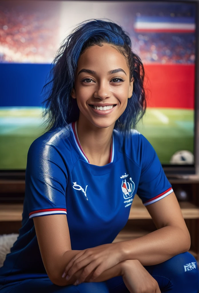 a smiling beautiful biracial woman,detailed facial features,beautiful blue eyes,blue straight hair,full lips,long eyelashes,wearing a france national football team jersey,sitting in living room in front of television,high quality,photorealistic,warm lighting,vibrant colors,detailed background,cinematic composition,masterpiece