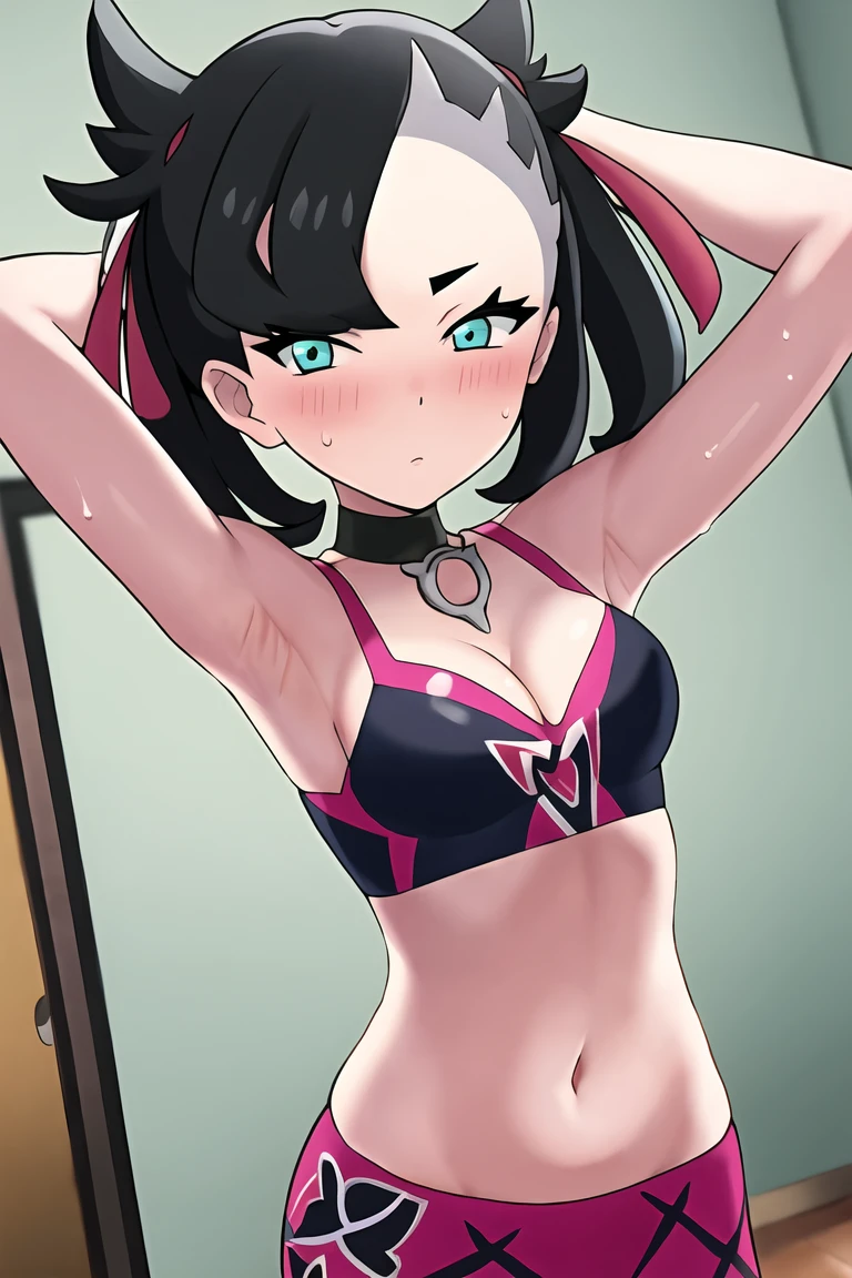 pokemonmarnie, aqua eyes, , black hair, hair ribbon, long hair, red ribbon, ribbon, twintails, room, breasts, cleavage, blush, highres, navel, armpits, sweaty armpits, looking at viewer