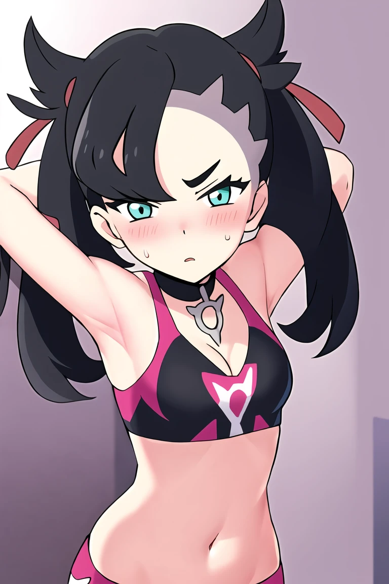 pokemonmarnie, aqua eyes, , black hair, hair ribbon, long hair, red ribbon, ribbon, twintails, room, breasts, cleavage, blush, highres, navel, looking at viewer, angry, undressing, breasts out, bouncing breasts, nipples, hands on own breasts
