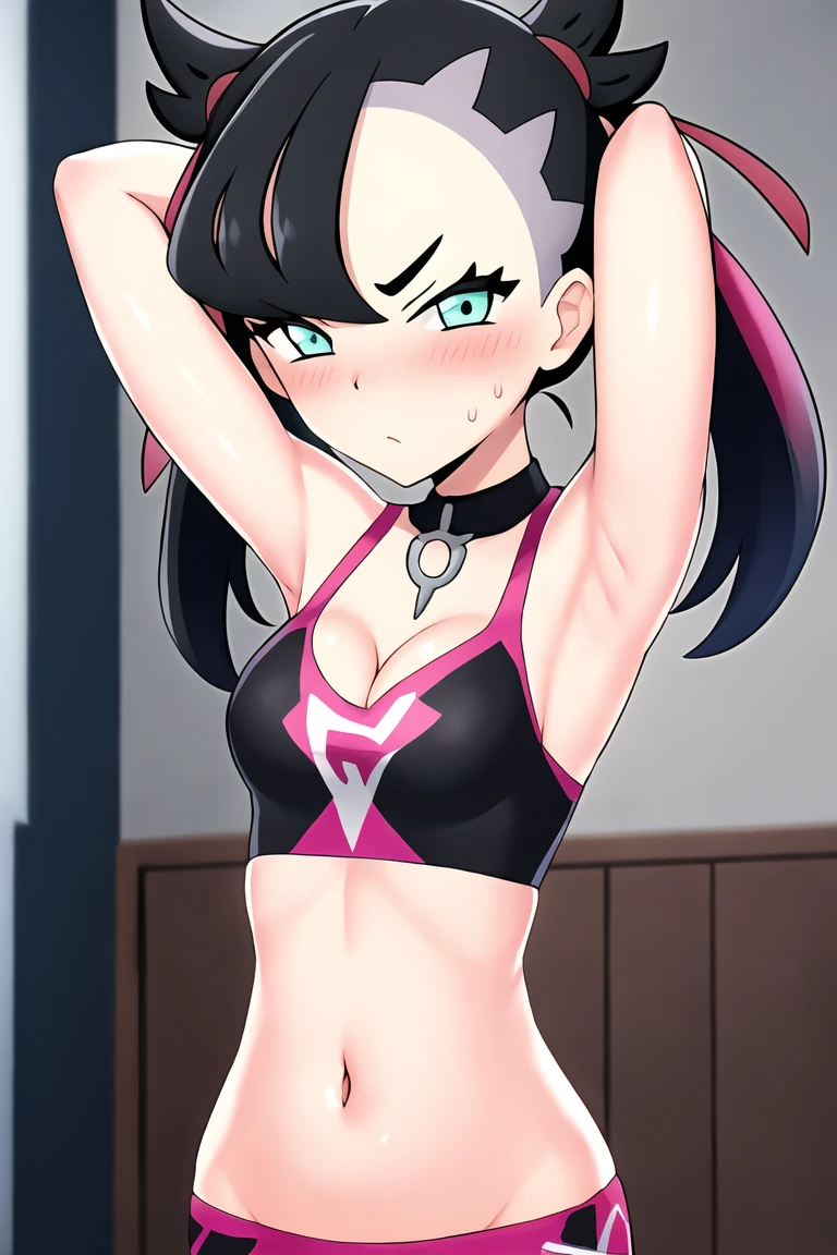 pokemonmarnie, aqua eyes, , black hair, hair ribbon, long hair, red ribbon, ribbon, twintails, room, breasts, cleavage, blush, highres, navel, armpits, sweaty armpits, looking at viewer, angry