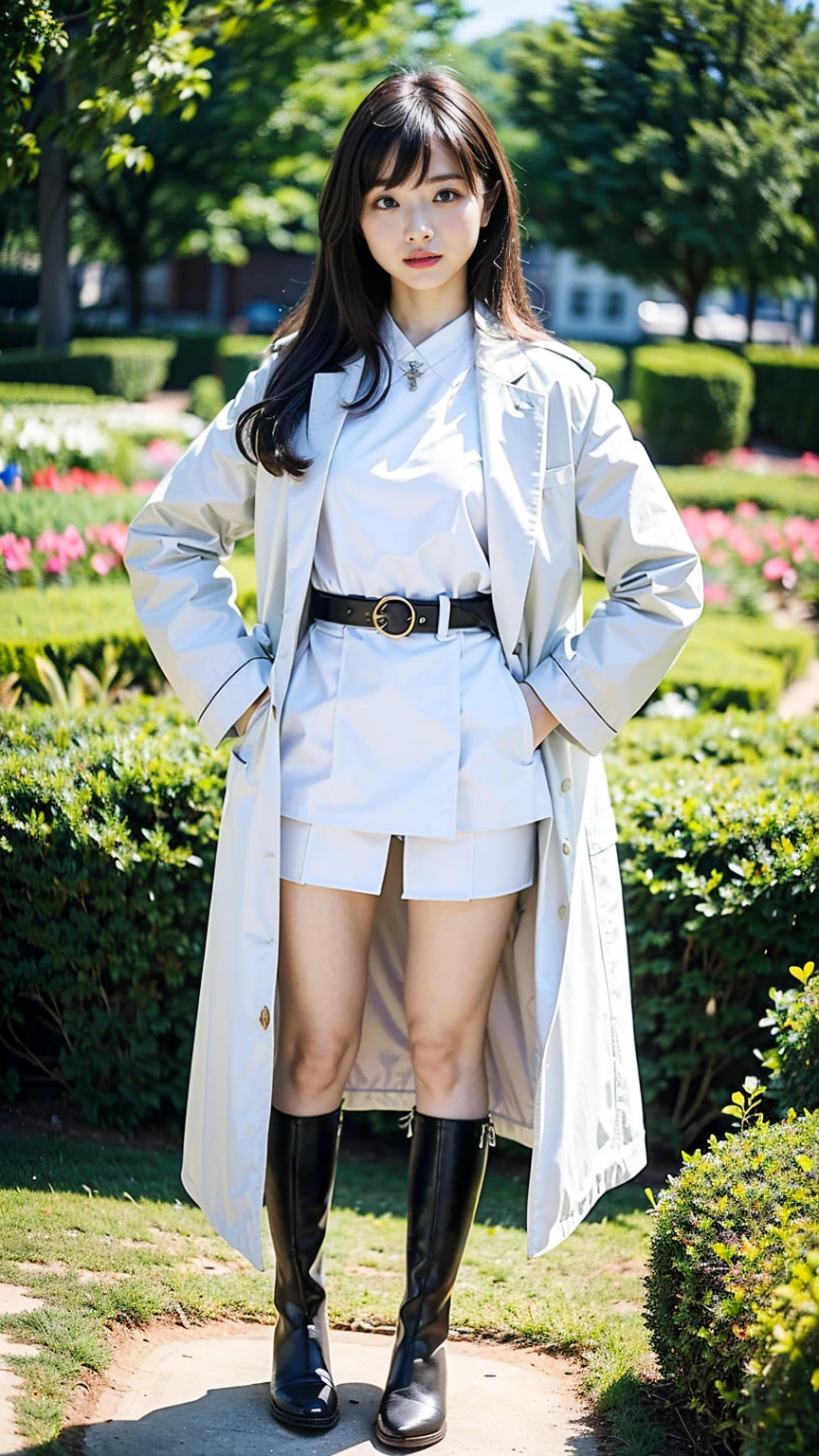 (8K、RAW Photos、Highest quality、masterpiece:1.2)、(Realistic、Realistic)、1 Girl、((White long coat、Black mini skirt、Thin legs、whole body、boots、garden、View from the front、Looking into the camera、belt、Stand with hands on hips))、cute