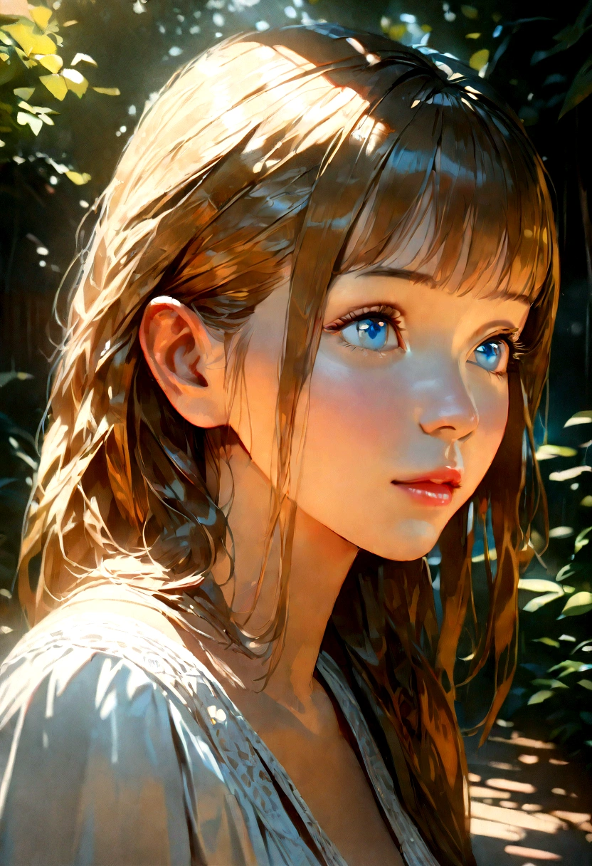 1 girl, Beautiful detailed blue eyes, long eyelashes, serene expression, extremely detailed face, short flowing golden hair, flowy white dress, lush garden, vibrant colored flowers, sunlight filtering through the trees, portrait, cinematic lighting, vivid colors, soft focus, (Best Quality,4k,8k,high resolution,Masterpiece:1.2),ultra detailed,(realist,photorealist,photo-realist:1.37)