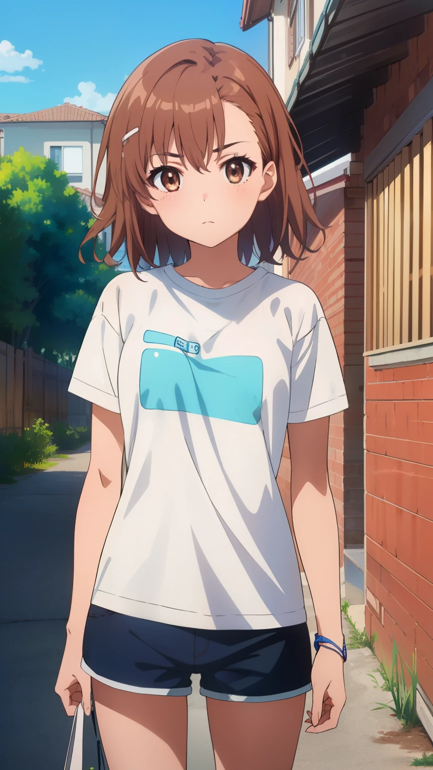 (masterpiece, best quality, 8k:1.2),Very detailed, (anime:1.1), misaka_mikoto, brown hair, medium hair, hairpin, , medium breasts, 1girl, (T-shirt, shorts, residential area), Cowboy shot, looking at viewer,