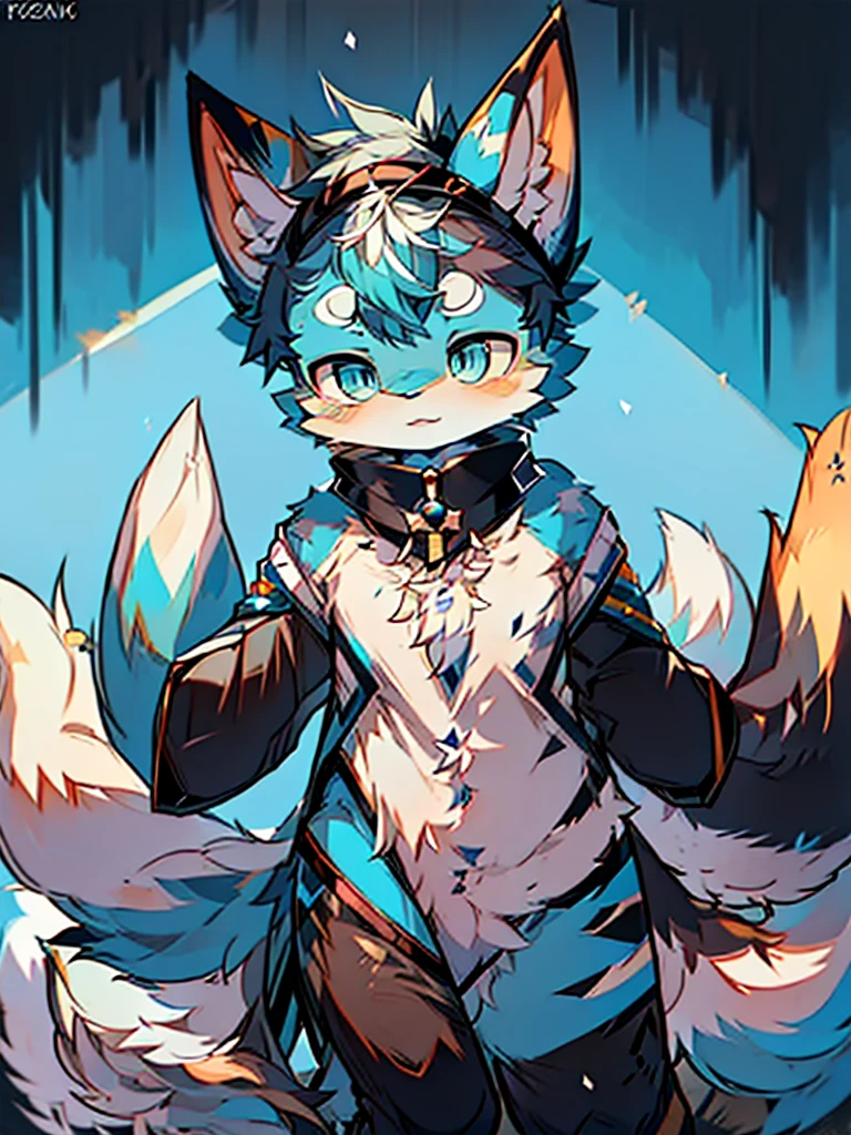 Anime style fox with blue eyes and black tail, Фолсен Art, Very high quality, Furry Art, очень милый Furry Art, blue furry, anime style, маленький blue furry, one tail