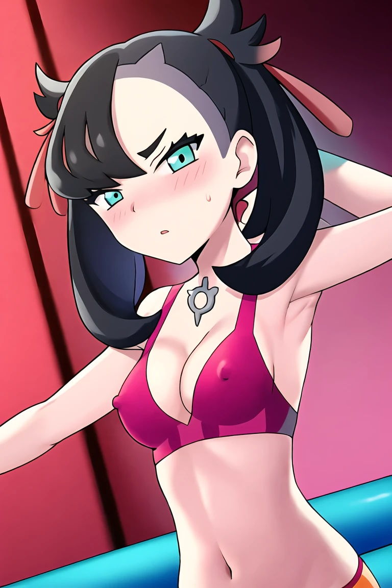 pokemonmarnie, aqua eyes, , black hair, hair ribbon, long hair, red ribbon, ribbon, twintails, room, breasts, cleavage, blush, highres, navel, armpits, sweaty armpits, looking at viewer, angry, undressing, breasts out, bouncing breasts, nipples, hands on own breasts