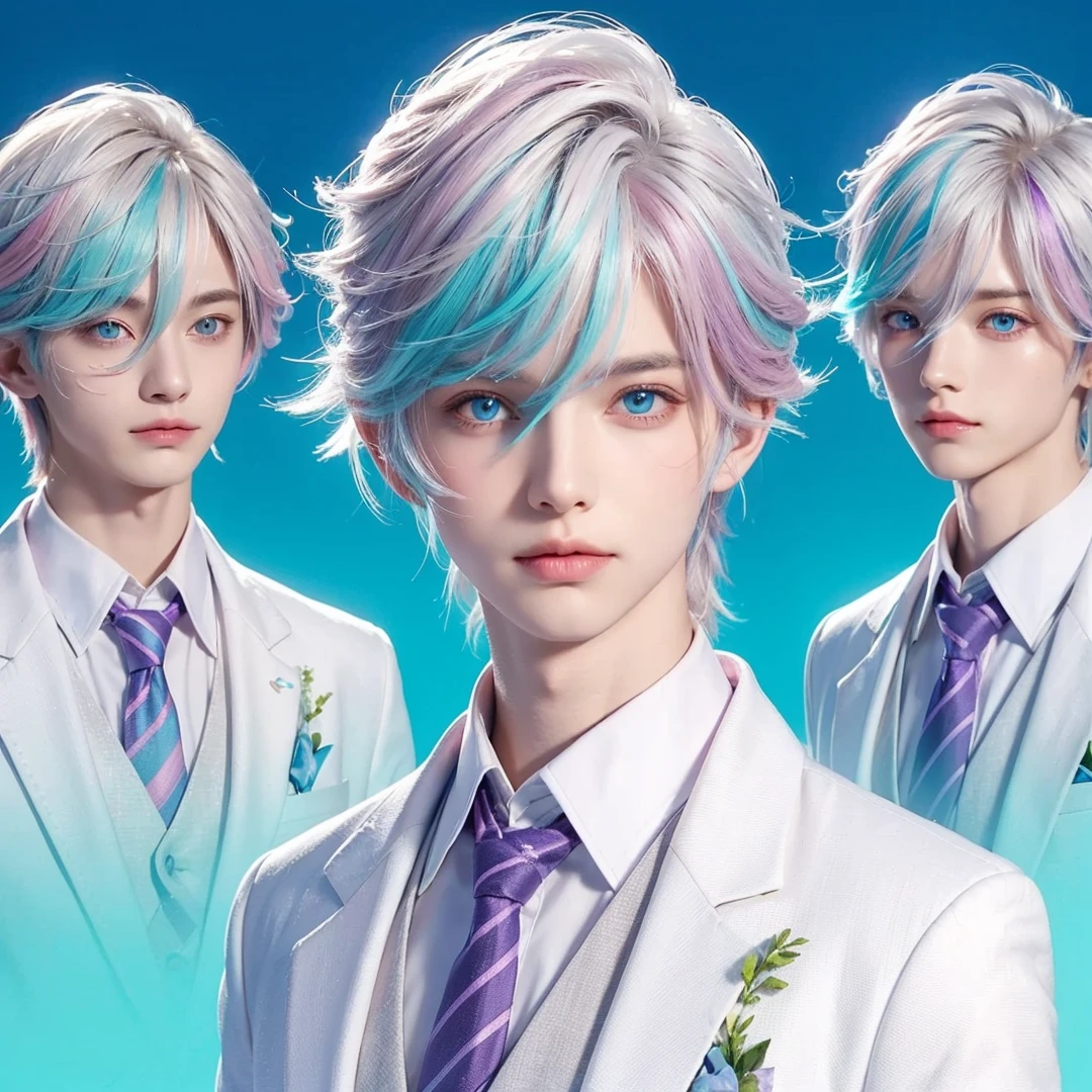 Handsome boy, (white hair highlighted with pink, turquoise, and purple), light blue eyes, wearing white formal