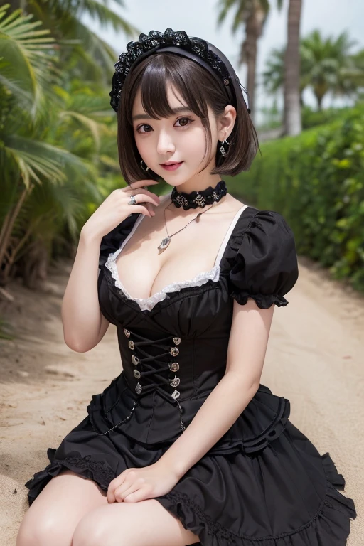 girl, White skin, ((Dark brown short tiered hair)), V cut with layers and bangs, Brown eyes, Soft atmosphere characteristics (Highest quality, Ultra-high resolution, 8K, RAW Photos, Ultra-high resolution: 1.2, masterpiece: 1.3), (Realistic, Realistic: 1.37), Very detailed, Professional Lighting, Photon Mapping, Radio City, 物理ベースレンダring, One Girl, (18 year old high school girl), Sharp focus:1.2、Beautiful woman:1.2,cute, Nice, Adorable, smile, Normal chest, Cross Necklace、Earrings、ring,(Cleavage)、Gothic ta Fashion, (((ピンクと黒のGothic Loliashion, ))),Lolita Fon,Belly button、((Dark brown short hair))、Resort Beach、coastal、Sitting、Palm tree、Sandy Beach