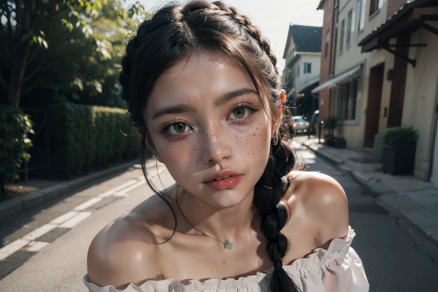 ((best quality)), ((masterpiece)), (detailed), 1girl, double bun hairstyle,
bare shoulders, very close up, night, alley, off shoulder dress, backlighting,
beautiful face, green eyes