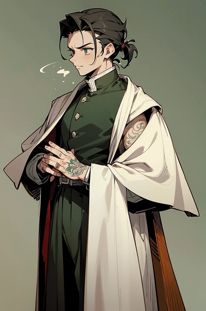 1male, dark green hair, scruffed face, slick back hair, (old medieval clothing), sleeveless clothing, giant white overcoat, tattoos, (guild hall background), detailed background, standing on path, demon slayer outfit, male, muscular,