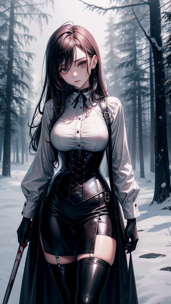 ((blood droplets)), ((blood)), ((blood splatter)), ((blood on clothes)), ((blood stain)), Masterpiece, Beautiful art, professional artist, 8k, Very detailed face, Detailed clothing, detailed fabric, 1 girl, standing, perfectly drawn body, big breasts, shy expression, pale skin, beautiful face, long black hair, Blue eyes, very detailed eyes, pink cheeks, choker:1.6, (white collar button down long sleeve shirt), black gloves, gloves that cover hands, (holds an ax with his right hand), (black leather corset), (shiny black leggings), Sensual Lips , evening de invierno,  show details in the eyes, looking at the viewer, Dark road, Snowy forest, evening, Atmosphere, snow