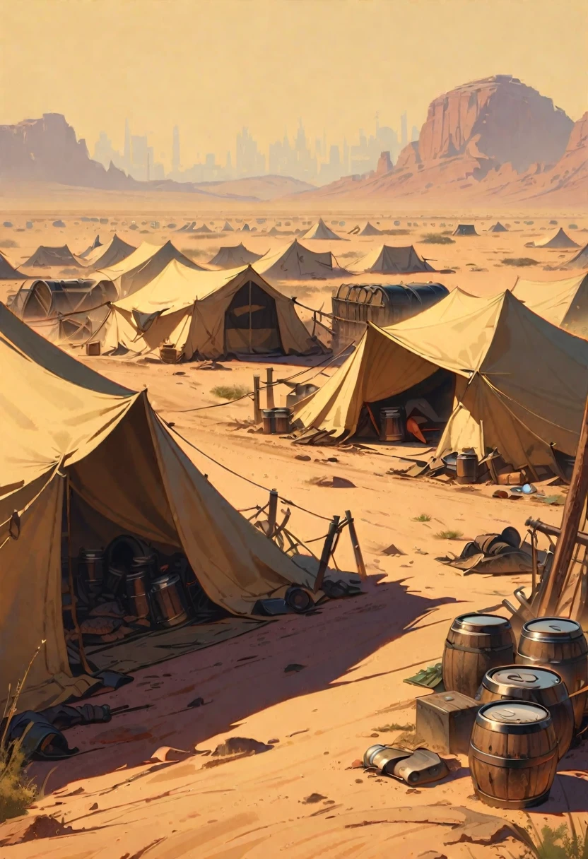 Style 9, a post-apocalyptic setting: a group of old tents in a desert with metal fences around them, a few rats around, barrels and bars. Trash..
