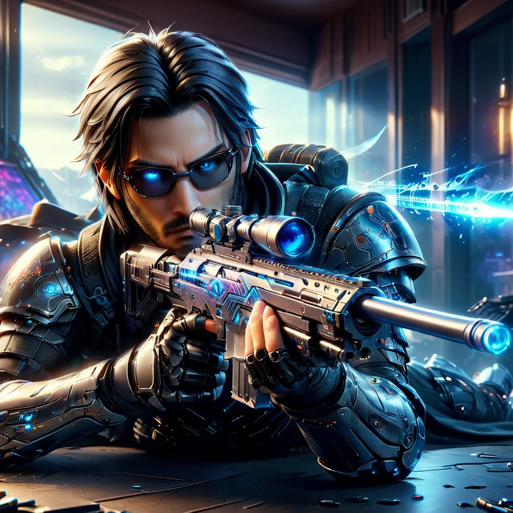 Upper body photograph of (JohnnyCyber:1.2) aiming his silver-cyberpunk sniper rifle, cyberpunk clothes with samurai design prints, (face of Keanu Reeves:1.2), (robotic-left-arm:1.3), brown pilot sunglasses, detailed face and skin, (cyberpunk-hotel-room:1.2), holographic images, strong bokeh, 16k, UHD, DSLR, insane detailed, film grain, award-winning picture, cinematic shot
