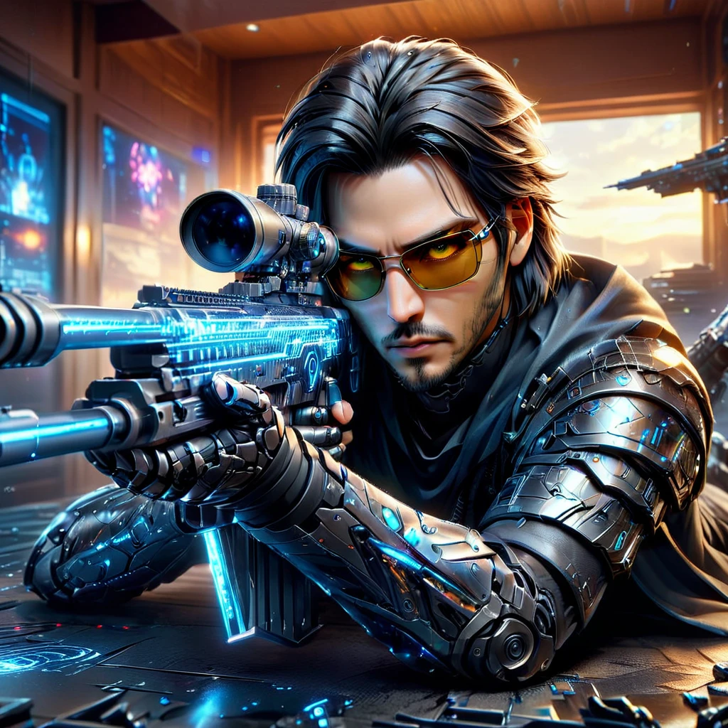 Upper body photograph of (JohnnyCyber:1.2) aiming his silver-cyberpunk sniper rifle, cyberpunk clothes with samurai design prints, (face of Keanu Reeves:1.2), (robotic-left-arm:1.3), brown pilot sunglasses, detailed face and skin, (cyberpunk-hotel-room:1.2), holographic images, strong bokeh, 16k, UHD, DSLR, insane detailed, film grain, award-winning picture, cinematic shot