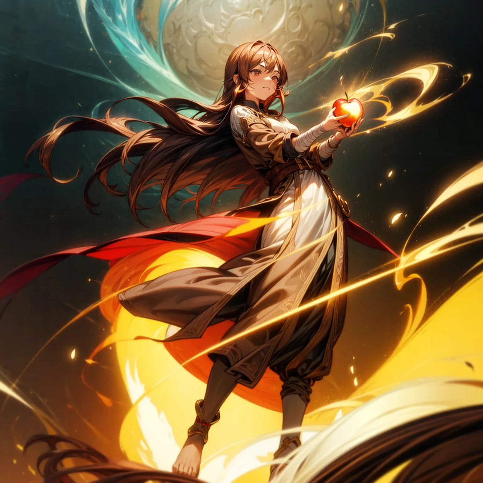 1girl, Full body version, 1character, adult version, fire eyes, long haircut, brown colour hair, Happy expression, Bandage on his hand, medieval style clothing, gold Apple in hand, background in town, motion blur, aura effect, lighting gold Apple, smoke aura in hand, (pokemon style art)