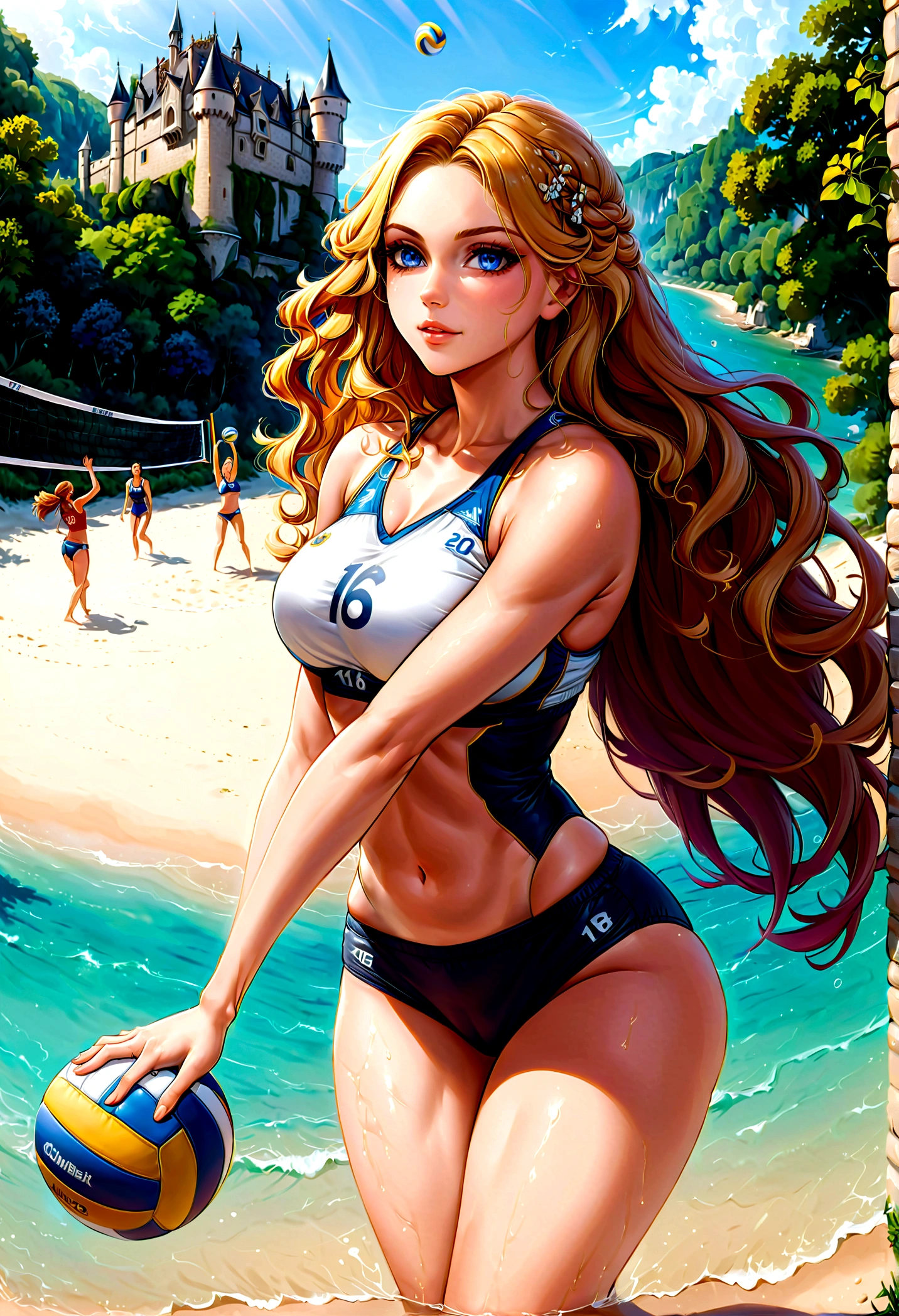 a masterful picture of a woman ((playing volleyball: 1.3)) on an on coast of the Loir river, an extraordinary beautiful renaissance woman, long hair, wavy hair, dynamic hair color, dynamic eye color, playing volley ball in a beautiful beach on the Loir river, best detailed face, a French medieval castle on the river bank in the background, Ultra-high resolution, High Contrast, (masterpiece:1.5), highest quality, Best aesthetics), best details, best quality, highres, 16k, [ultra detailed], masterpiece, best quality, (extremely detailed), Intense gaze, chumbasket art style, 