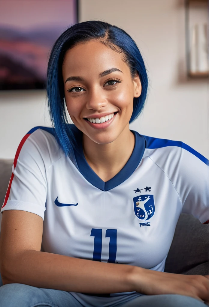 a smiling beautiful biracial woman,detailed facial features,beautiful blue eyes,blue straight hair,full lips,long eyelashes,wearing a france national football team jersey,sitting in living room in front of television,large breast, high quality,photorealistic,warm lighting,vibrant colors,detailed background,cinematic composition,masterpiece