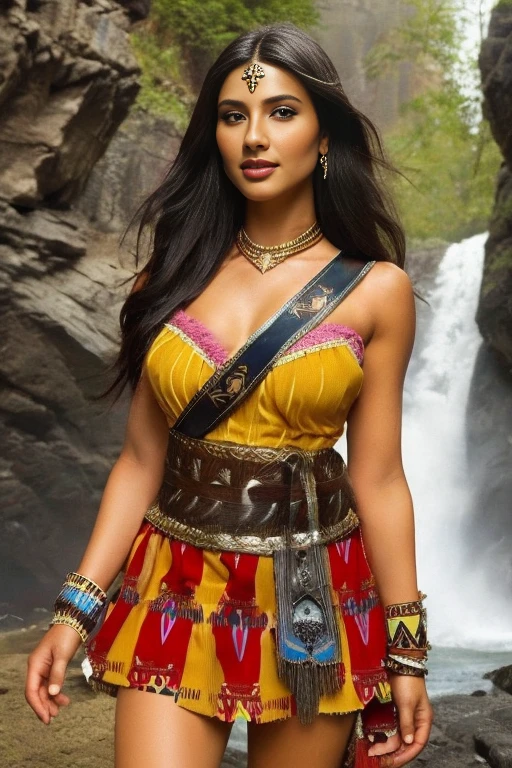 Araffe woman in native dress walking in front of a waterfall, Pocahontas, SMILE, retrato de un joven Pocahontas, retrato de Pocahontas, warrior dress, Warrior woman, Warrior Princess, amazon warrior, cave woman, dwayne johnson as wonder woman, Aztec warrior goddess, una hermosa Warrior woman, native american, tribal clothing, aztec princess portrait

