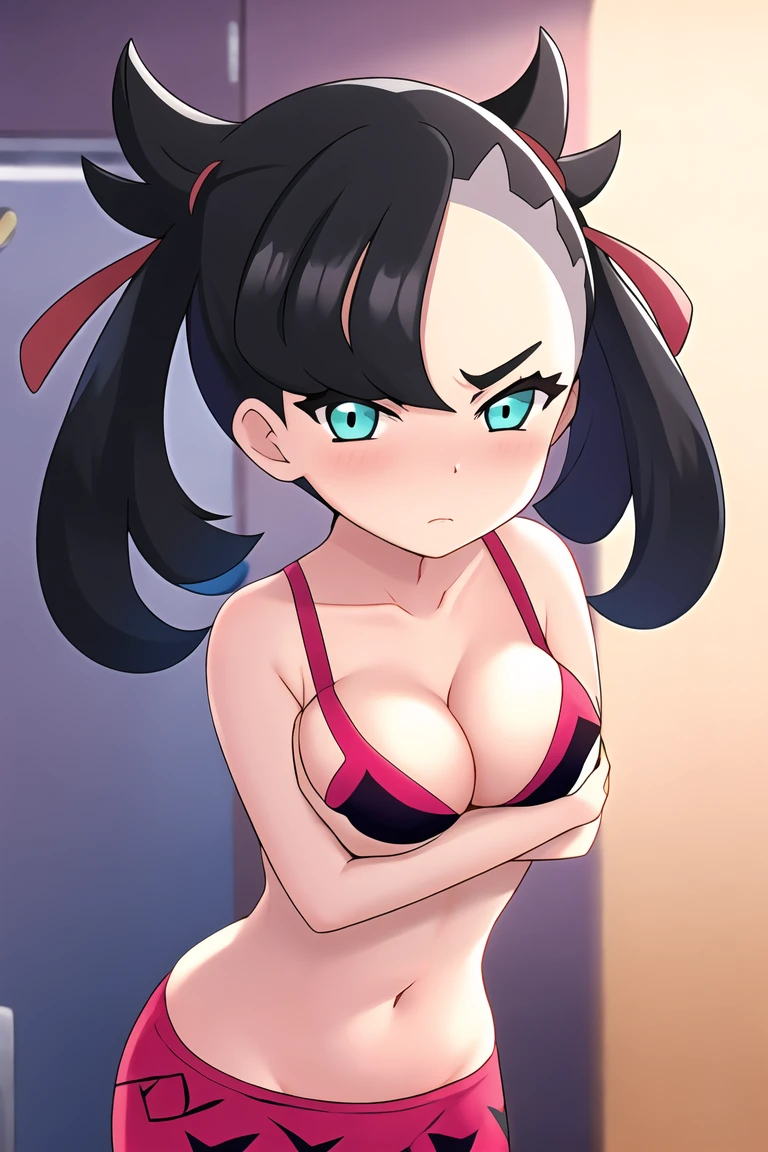 pokemonmarnie, aqua eyes, , black hair, hair ribbon, long hair, red ribbon, ribbon, twintails, room, breasts, cleavage, blush, highres, navel, looking at viewer, angry, undressing, breasts out, bouncing breasts, nipples, hands on own breasts