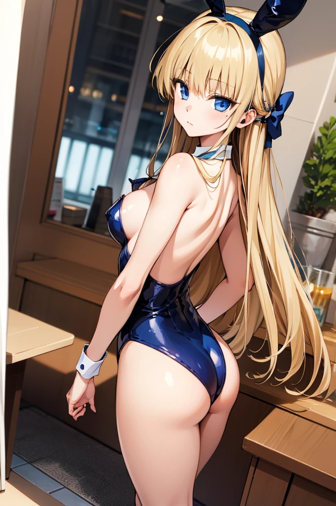 solo, 1girl, tokibunny, playboy bunny, expressionless, closed mouth, long blonde hair, fake animal ears, blue eyes, blue leotard, blue bow,looking viewer,,medium breasts,,ass,from back,standing,indoor,high heel