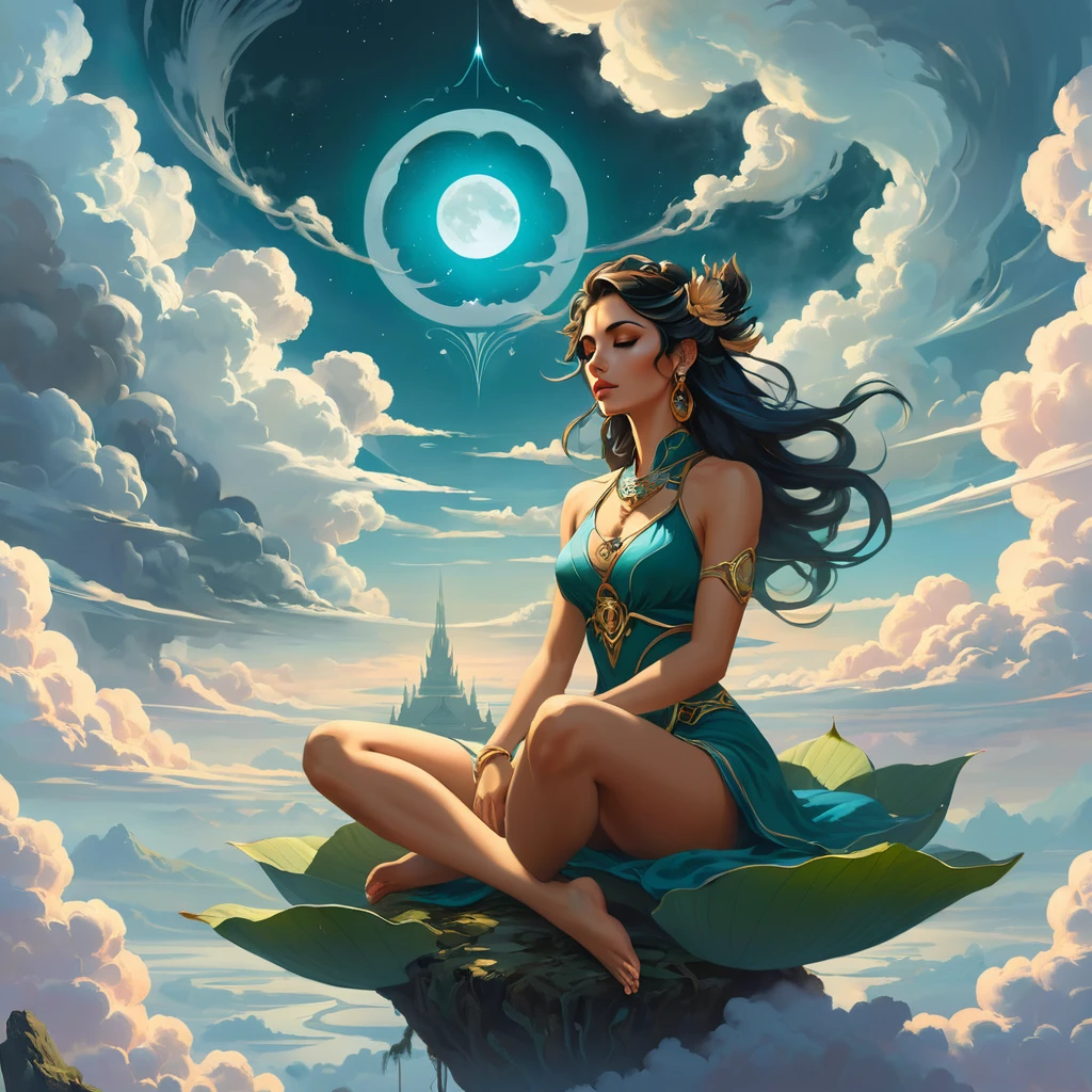 painting of a woman sitting in a lotus position in the clouds, inspired by Peter Mohrbacher, peter mohrbacher style, peter mohrbacher digital art, in the art style of mohrbacher, in style of peter mohrbacher, peter mohrbacher. unreal engine, surreal concept art, peter mohrbacher artstyle, style of peter mohrbacher, vector graphics, strong contours