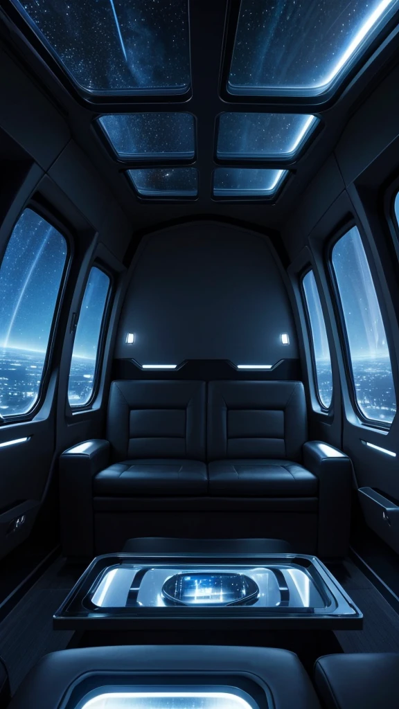 Spaceship interior lounge area, window looking out into black stary space, 