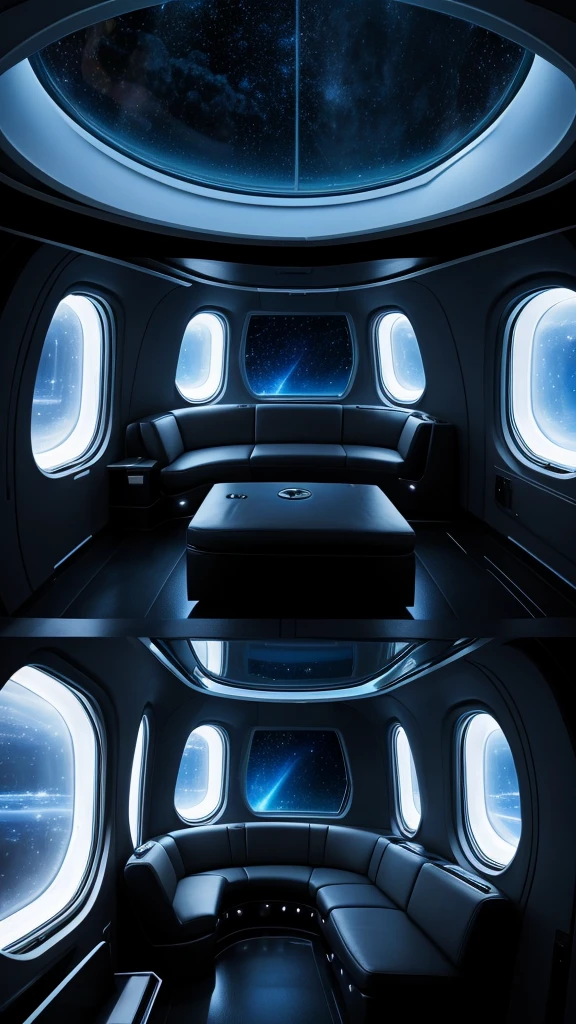 Spaceship interior lounge area, window looking out into black stary space,