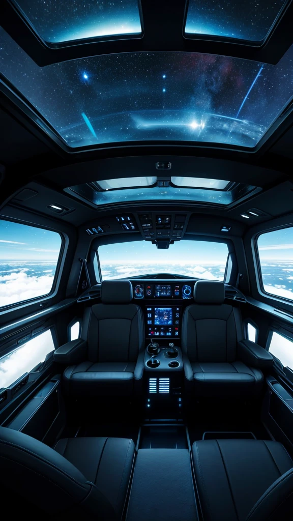 Spaceship interior lounge area, window looking out into black stary space, 