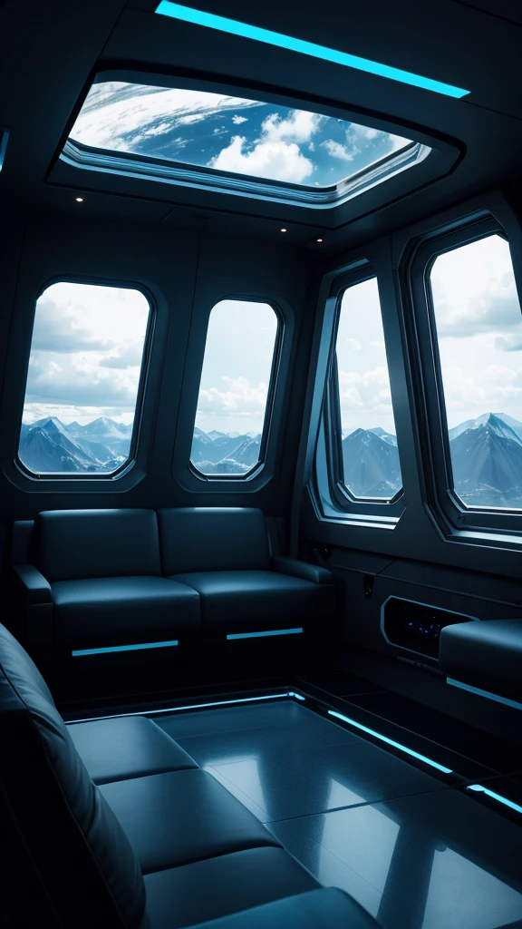Spaceship interior lounge area, window looking out into black stary space, 
