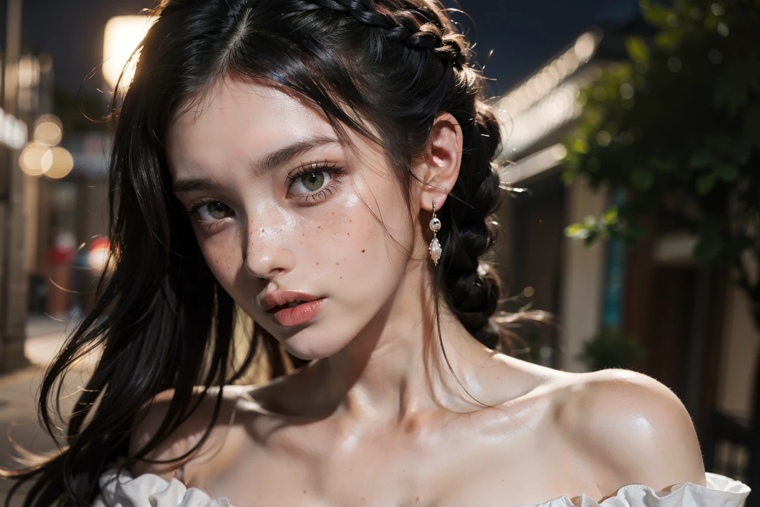 ((best quality)), ((masterpiece)), (detailed), 1girl, braided hair, alluring,
bare shoulders, very close up, night, alley, white off shoulder dress, front view,
backlighting, beautiful face, green eyes, looking forward at viewer, freckles,
closed mouth, strapless, cinematic lightning 4k, frills