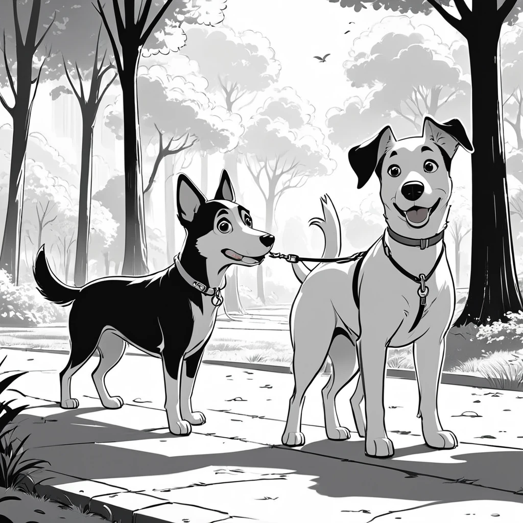 cartoon drawing of two dogs on a leash in a park, animated disney movie inking, published concept art, stylized linework, black and white illustration, official illustration, whole page illustration, by Istvan Banyai, concept art for a video game, by Maksimilijan Vanka, colorkey scene, game illustration, cartoon concept art