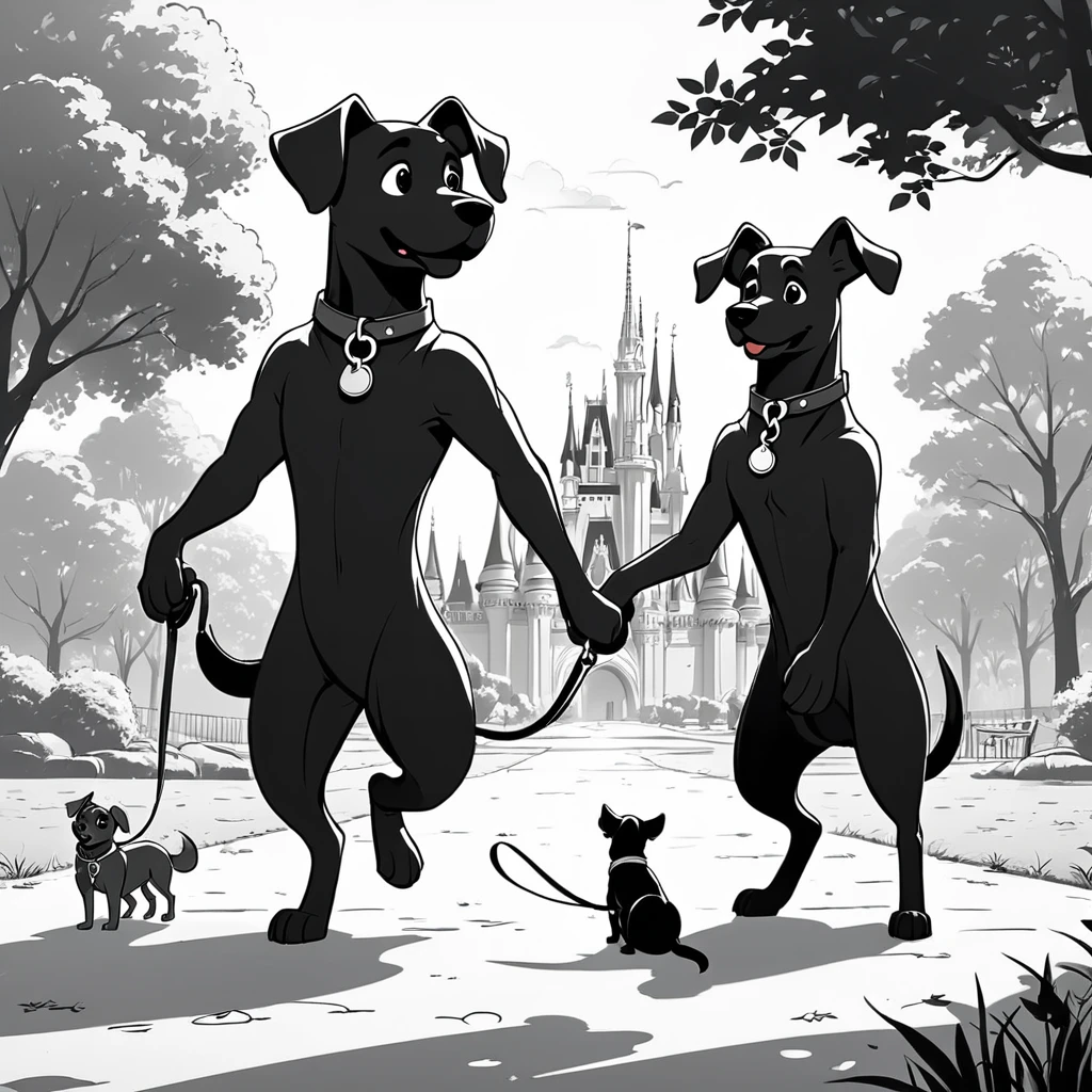 cartoon drawing of two dogs on a leash in a park, animated disney movie inking, published concept art, stylized linework, whole page illustration, by Istvan Banyai, concept art for a video game, by Maksimilijan Vanka, colorkey scene, cartoon concept art