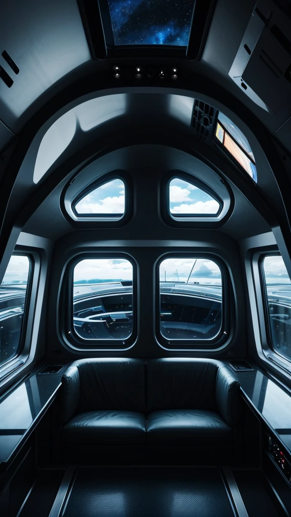 Spaceship interior lounge area, window looking out into black stary space, 