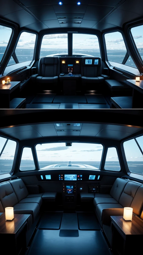 Spaceship interior lounge area, window looking out into black stary space,