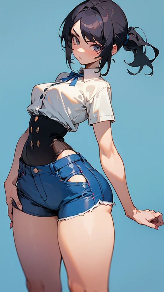 Blonde hair, blue locks, collar around the neck, open top, short denim shorts, school class, hat, smile, bare chest, naked tits, White running shoes