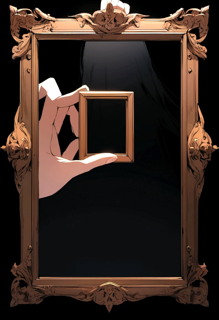 Anime style hand holding empty photo frame, the background of the image is completely black