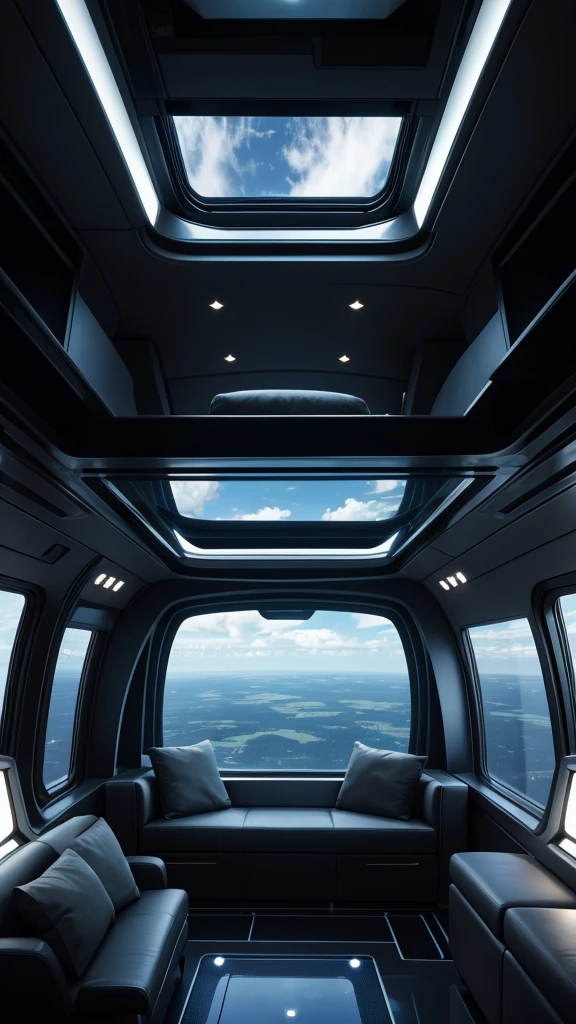 Spaceship interior lounge area, window looking out into black stary space, 