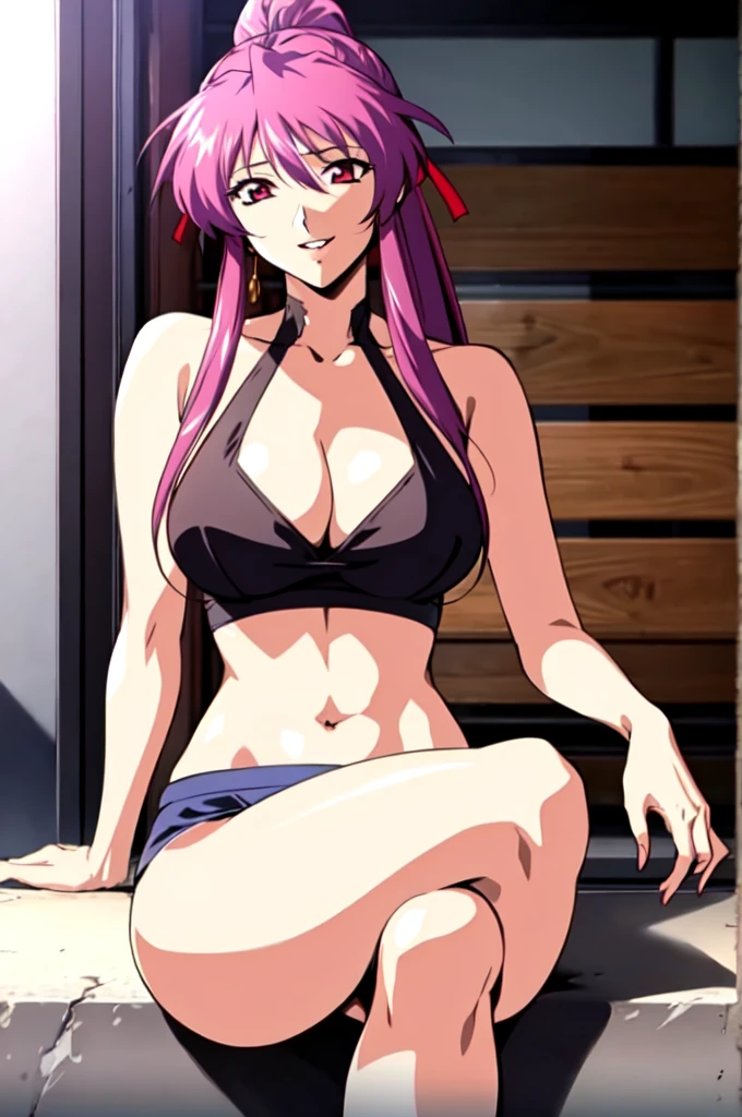 Innai Kansen - Miyama Kaori Innai Kansen - Miyama Kaori, masterpiece, best quality, a beautiful sexy mature woman sitting on a ledge with her hand on her hair, 1girl, 独奏, sitting, outdoors, breasts, cleavage, midriff, halter neck, black sleeveless shirt, mini skirt, jewelry, smile, crossed legs, parted lips,
